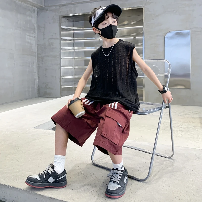 男大童夏季无袖背心套装透气薄款2025新款儿童夏装男孩潮痞帅衣服