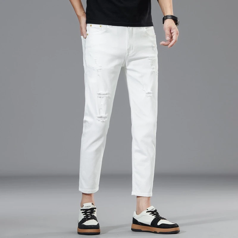 小众进口潮牌白色破洞牛仔裤男夏季薄款高端九分休闲裤子修身直筒