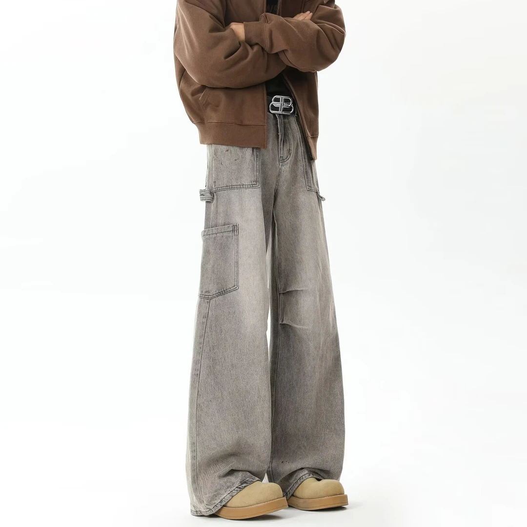 复古做旧水洗工装裤多口袋高街ins直筒阔腿牛仔裤子宽松休闲高腰