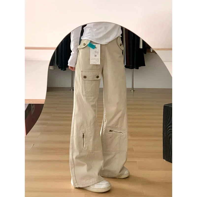 美式高街多口袋微喇牛仔裤女冬季2025新款宽松显瘦加长阔腿拖地裤