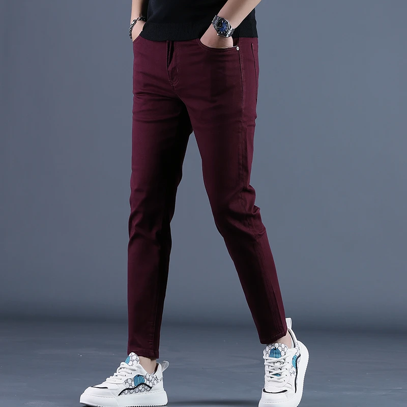 夏季新款酒红色九分裤男修身小脚裤潮流男士牛仔裤休闲9分裤子薄