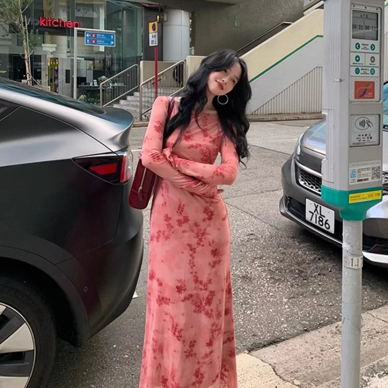 法式复古网纱印花长袖连衣裙套装女春季新款修身气质收腰鱼尾裙子