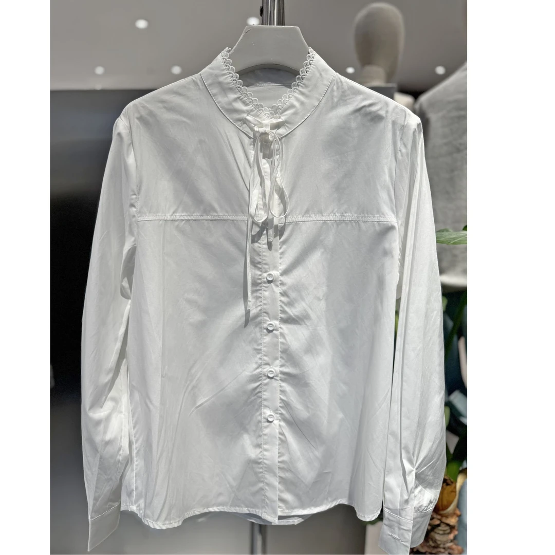 春季简约休闲宽松显瘦气质百搭花边领口系带衬衫上衣【迷雾白】