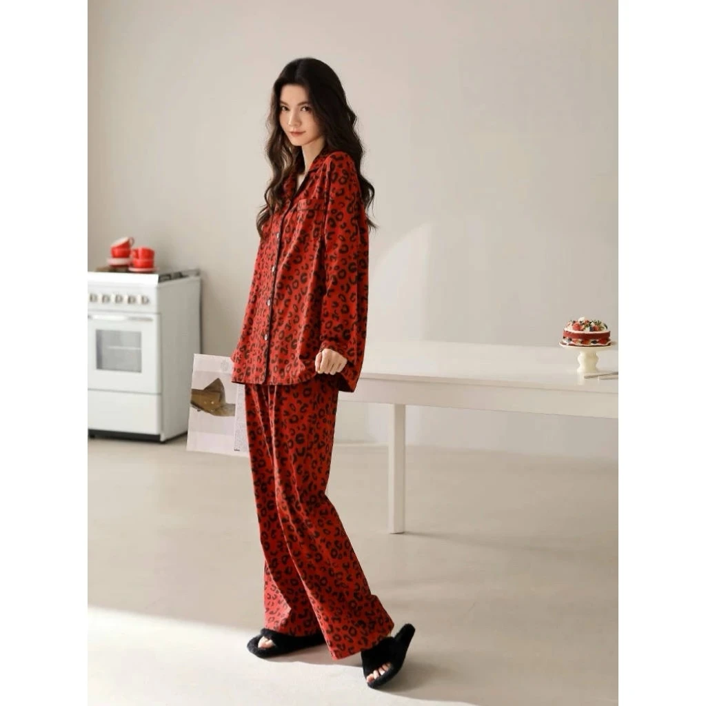 睡衣女士春秋季豹纹长袖长裤家居服2025本命年新款红色高级感套装