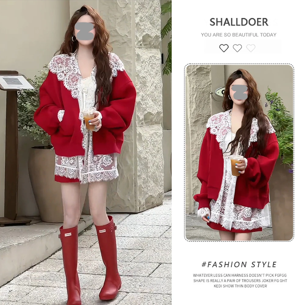 2025秋季韩系穿搭女纯色圆领外套+蕾丝开衫+高腰半身裙三件套