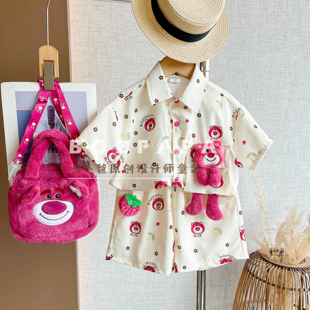 啵小爸现货【草莓甜甜】2025夏季男童韩系休闲草莓熊短袖衬衫两件套