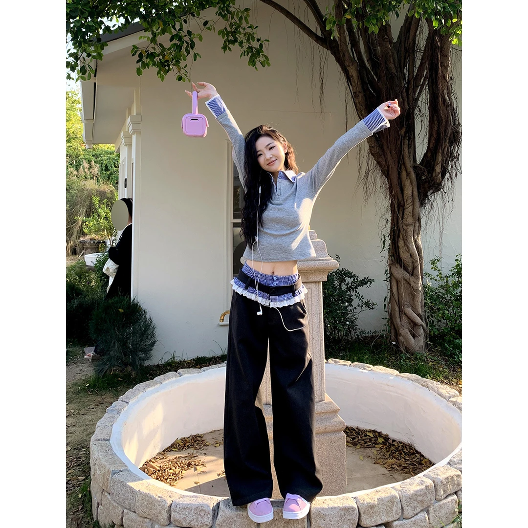 韩系拼接格子花边裤子女夏季双腰头假两件西装裤直筒宽松休闲裤子