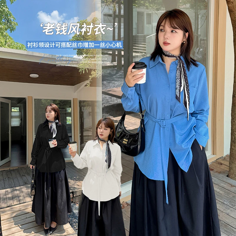 法式老钱风丝巾衬衫女2025秋季新款胖mm腰带收腰显瘦上衣