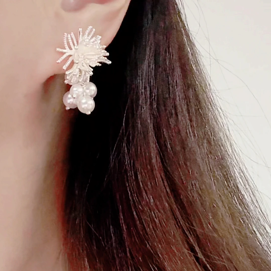 铜合金仿珍珠耳饰 鼎溢烟花珠珠流苏耳环复古优雅气质耳钉小众yh