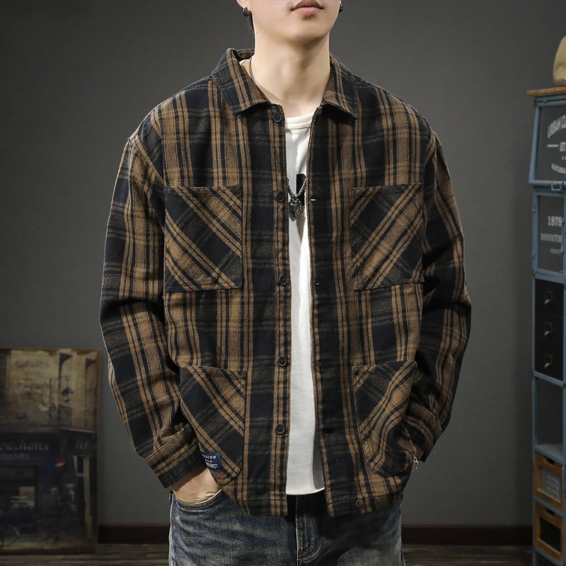 喀费基赫男士秋季潮流多口袋格子衬衫休闲长袖翻领衬衣宽松外套