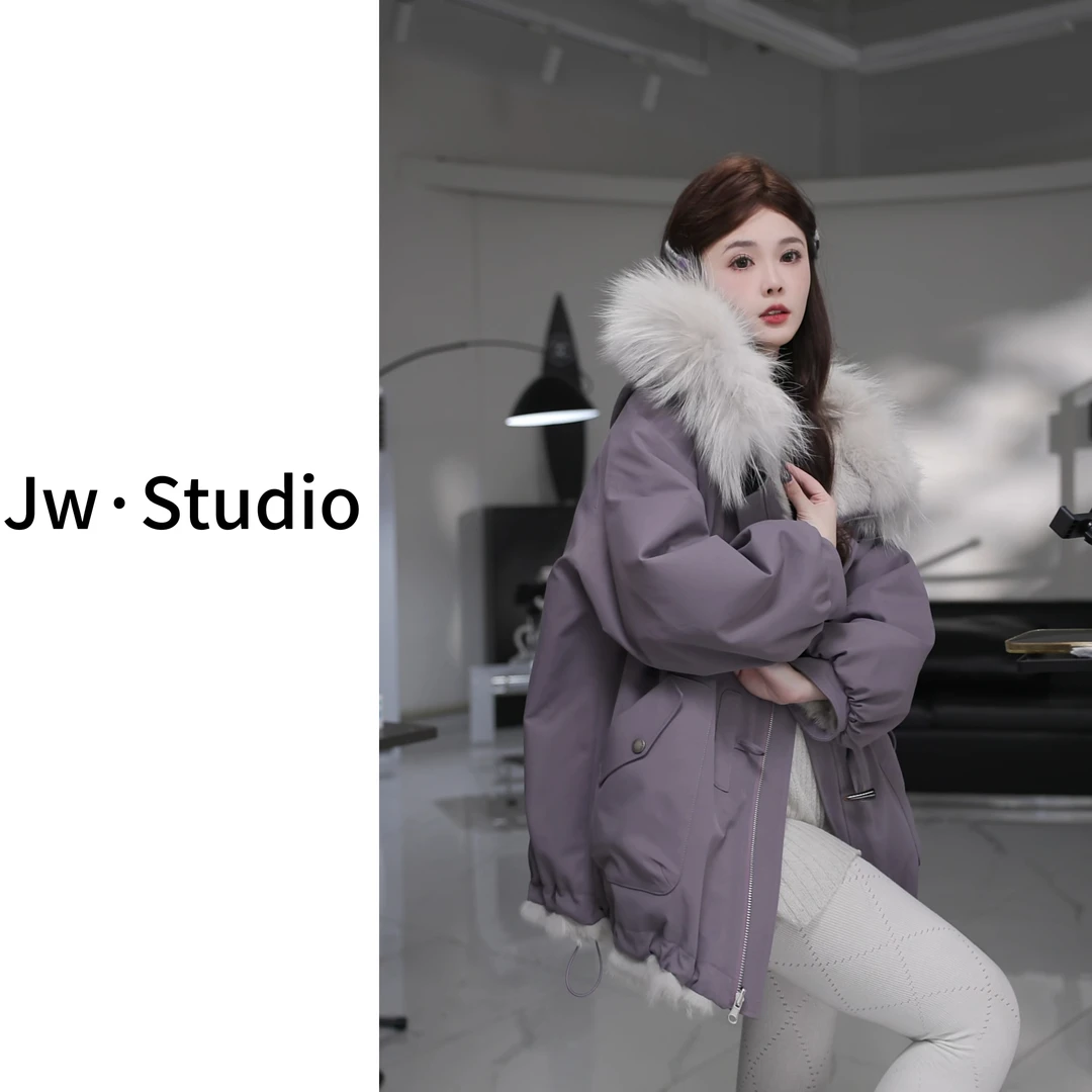 【极光之夜】两面穿兔皮毛一体白貉毛领外套保暖气质显瘦冬季新款