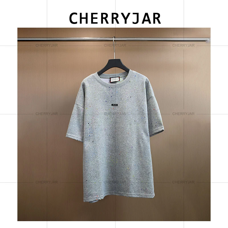 Cherryjar【251219】花灰色短袖磨破破洞小众设计字母刺绣休闲时尚