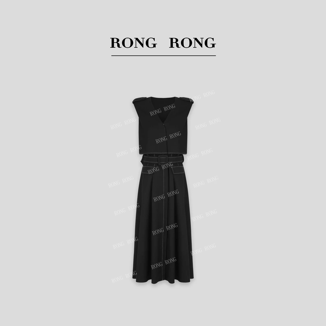 溶溶【巴黎丽人】RONGRONG V领撞色压线高定款收腰连衣裙 ZGC6L1058