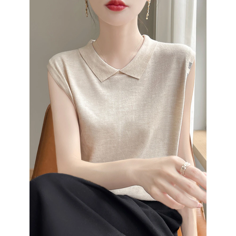 25年早秋新款精纺羊毛POLO领针织衫无袖背心纯色宽松百搭镶钻上衣