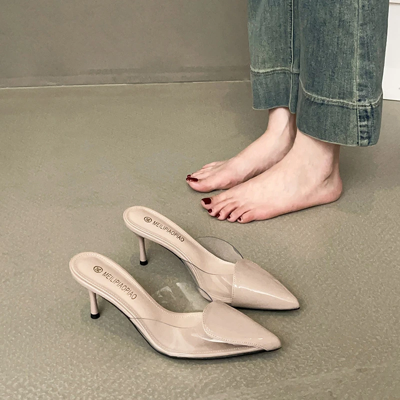 透明韩版凉鞋夏季女夏新仙女风尖头细跟爱心形高跟鞋性感拖鞋气质