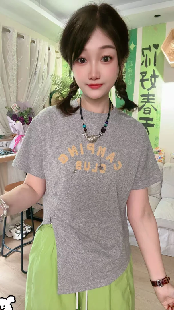 【小蛮腰】洋气女装时尚百搭可爱精致下摆不规则显瘦字母短袖T恤