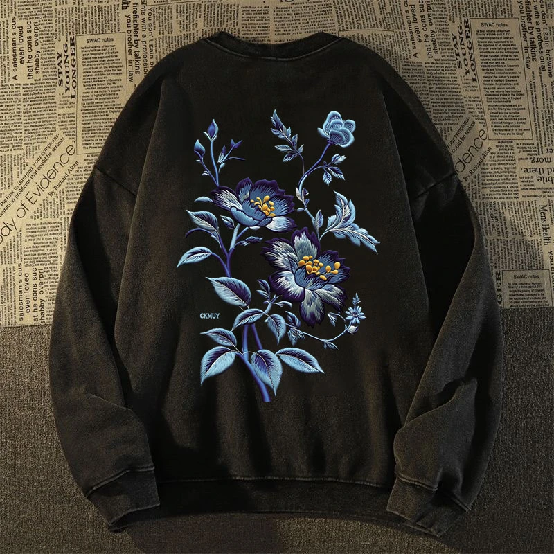 重磅500克加绒加厚水洗做旧圆领卫衣宽松秋冬仿刺绣高级流行男装Z