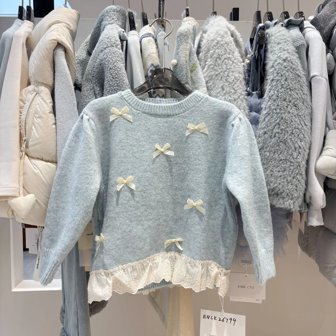 【恩姐定制】2025秋冬款女童时尚简约百搭设计蝴蝶结毛衣ENCK799