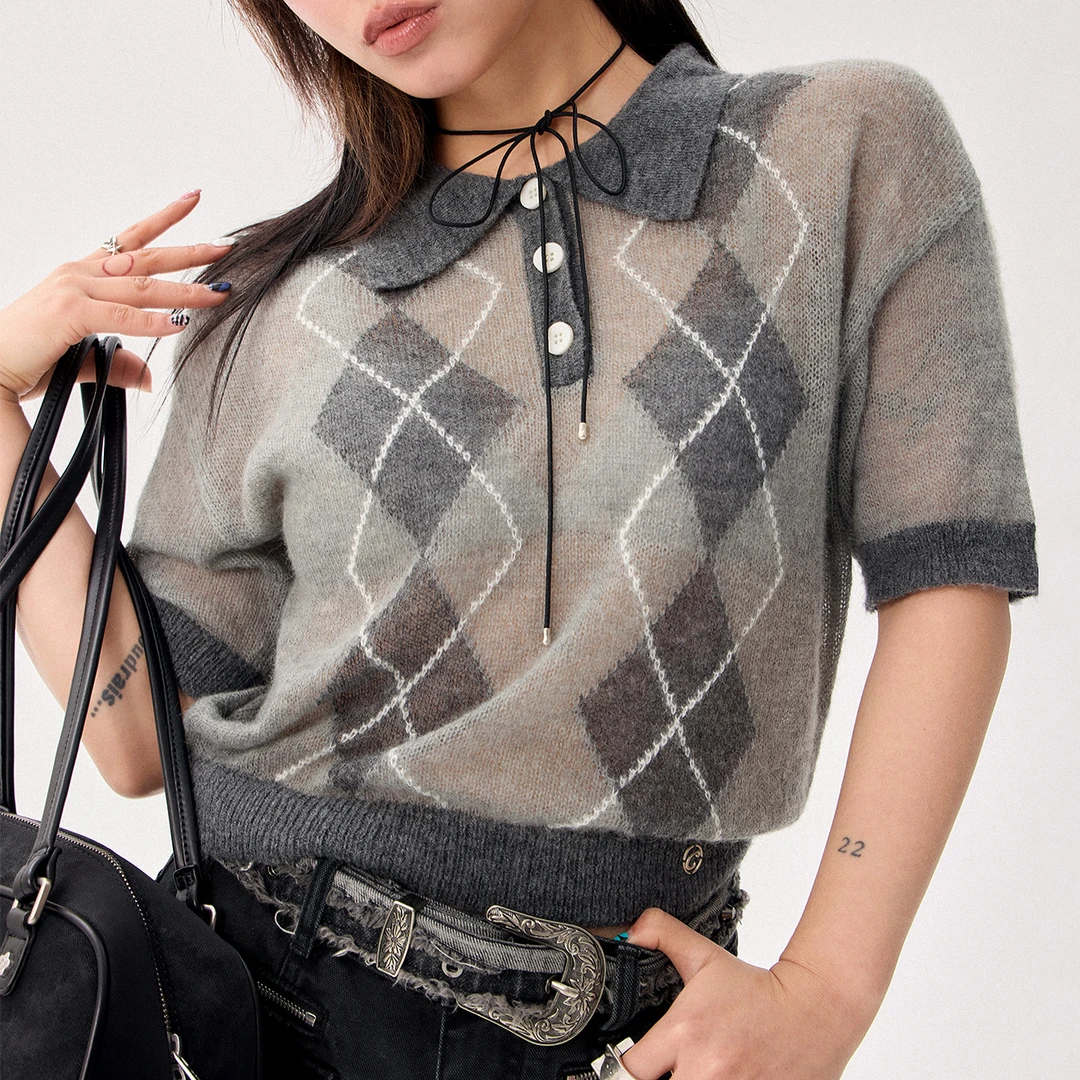 【11】CHUU菱格学院风穿搭翻领拼接镂空长袖显瘦针织衫FHND007W