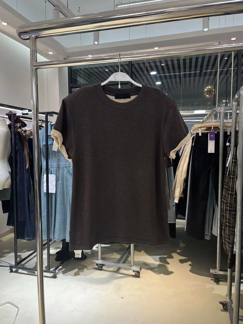 Q2065春夏季新款宽松休闲百搭简约袖子拼接撞色圆领上衣