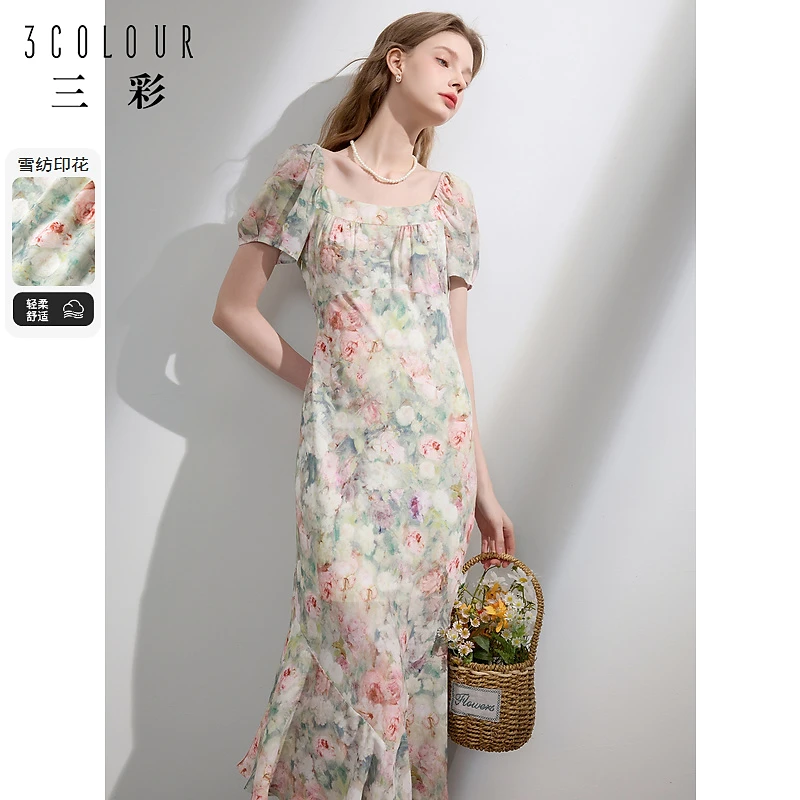 【绿子粉丝】三彩2024春季新款油画碎花裙法式方领鱼尾裙优雅dbq