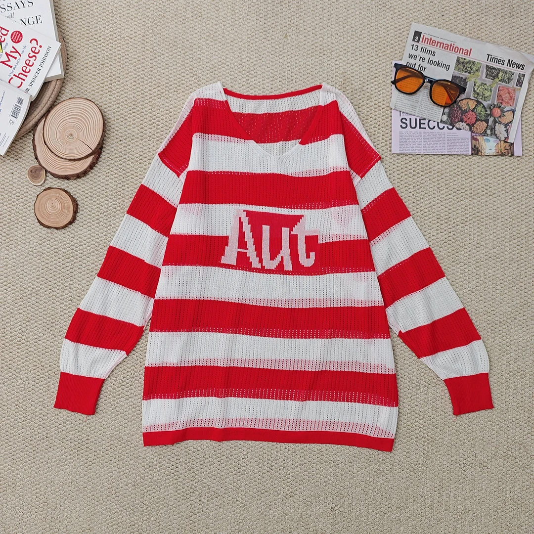 2025夏季新款时尚休闲字母印花镂空条纹防晒针织长袖2445