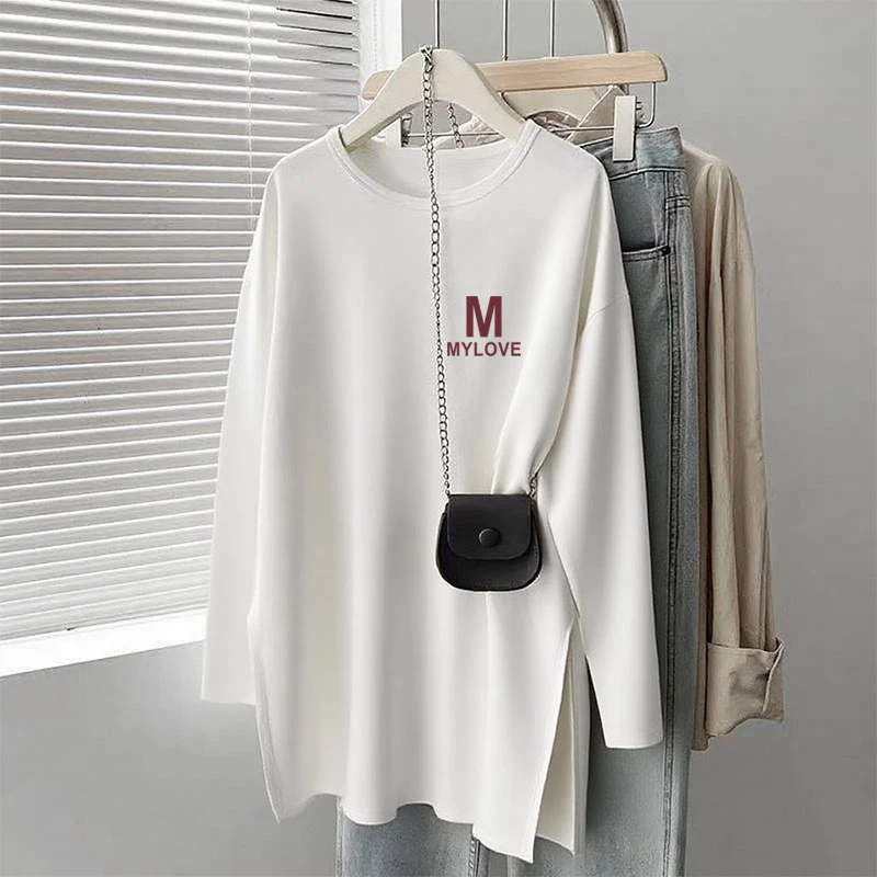 早秋磨毛长袖t恤女中长款2025新款搭配鲨鱼裤宽松白色上衣打底衫