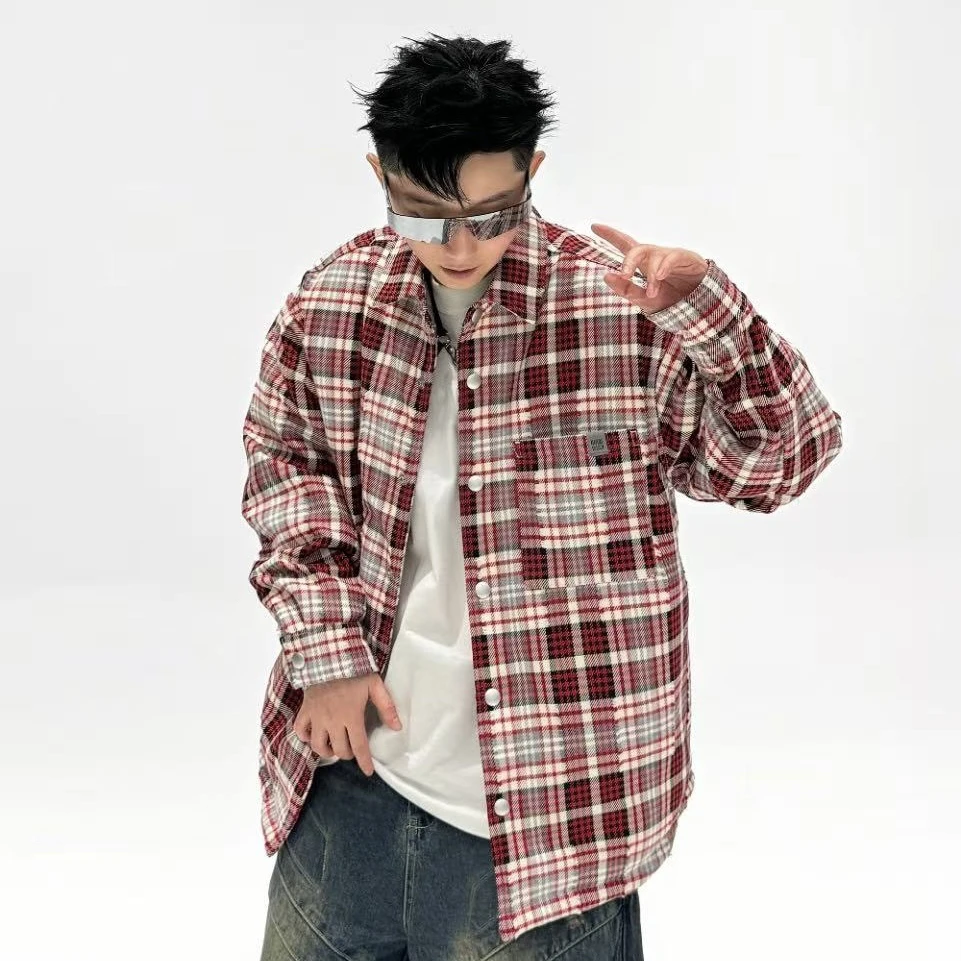 国标50绒美式复古港风男士痞帅长袖格子衬衫宽松休闲厚外套9017