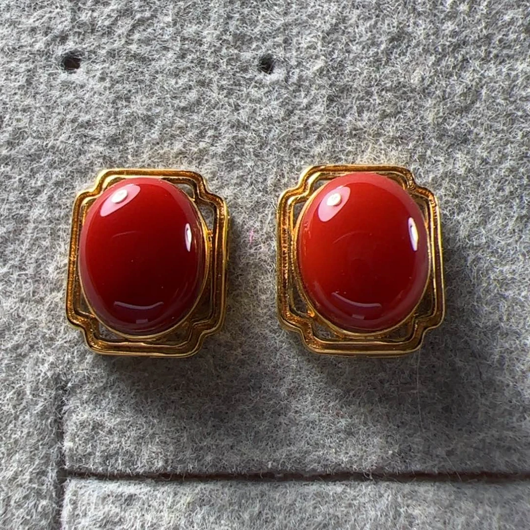 南红玛瑙耳钉18K金镶嵌
