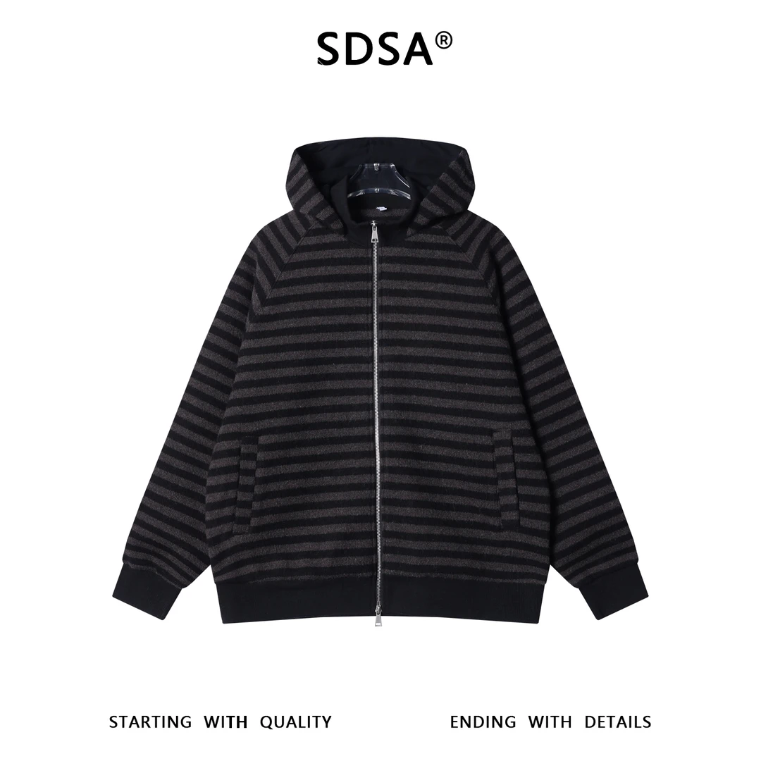 SDSA男士秋冬新款痞帅男装美式复古撞色条纹拉链立领连帽卫衣外套