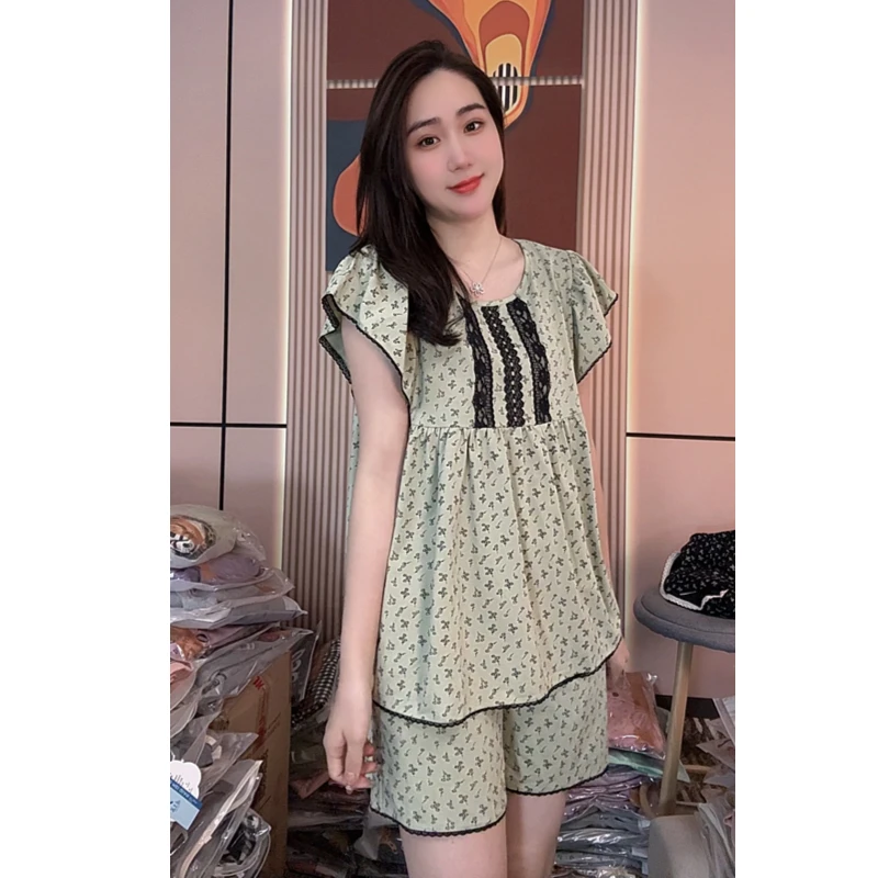 睡衣女夏款高品质凉感莱赛尔棉短袖短裤可外穿家居服（茉莉绿碎花）