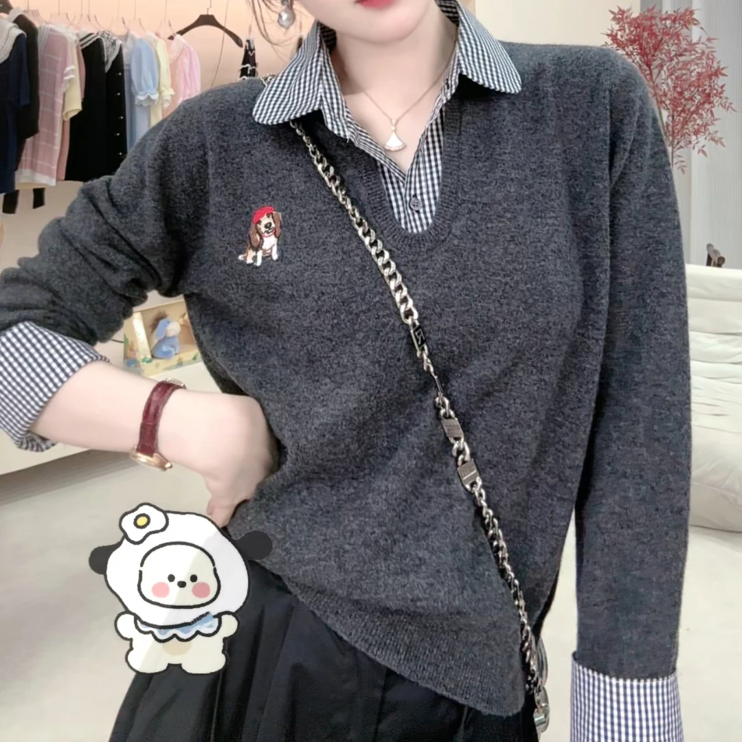 E'VAN【赖皮狗】全羊毛拼接长袖针织衫百搭显瘦毛衣上衣-不能机洗