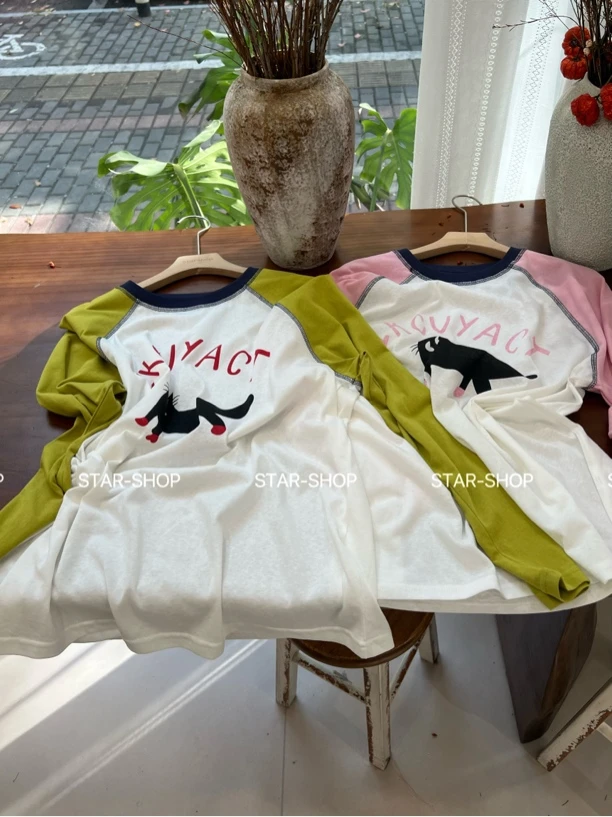 ｛撞色猫咪｝撞色插肩袖 字母猫咪 防晒T恤