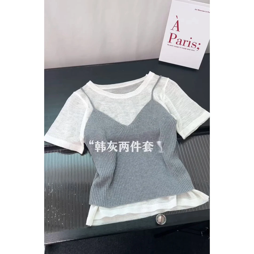 夏季新款韩系chic针织短袖T恤叠穿背心两件套女简约温柔显瘦上衣