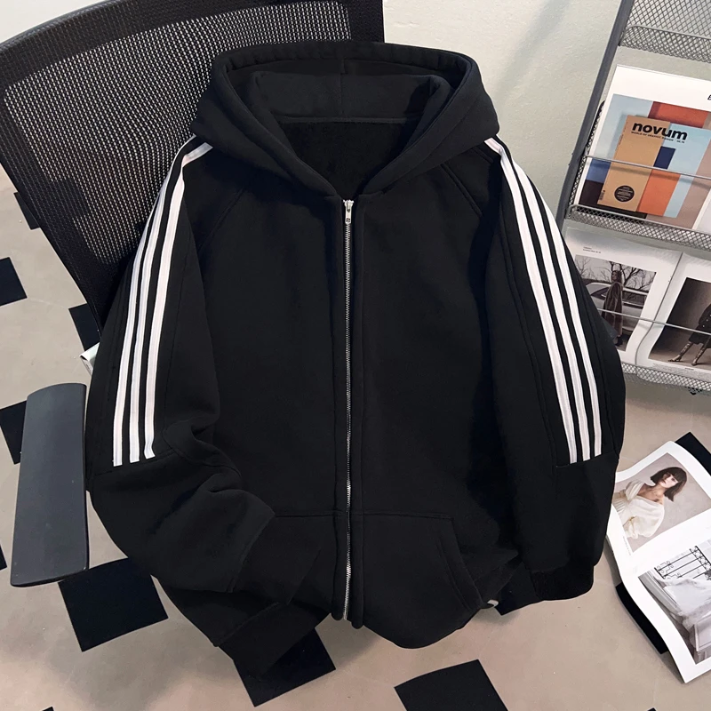 jtrt国潮牌纯色三条杠开衫卫衣男女秋冬宽松休闲风基础款拉链外套