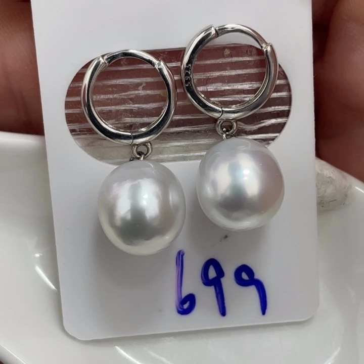 银S925镶嵌耳环海水珍珠10-11mm冷光澳白耳扣