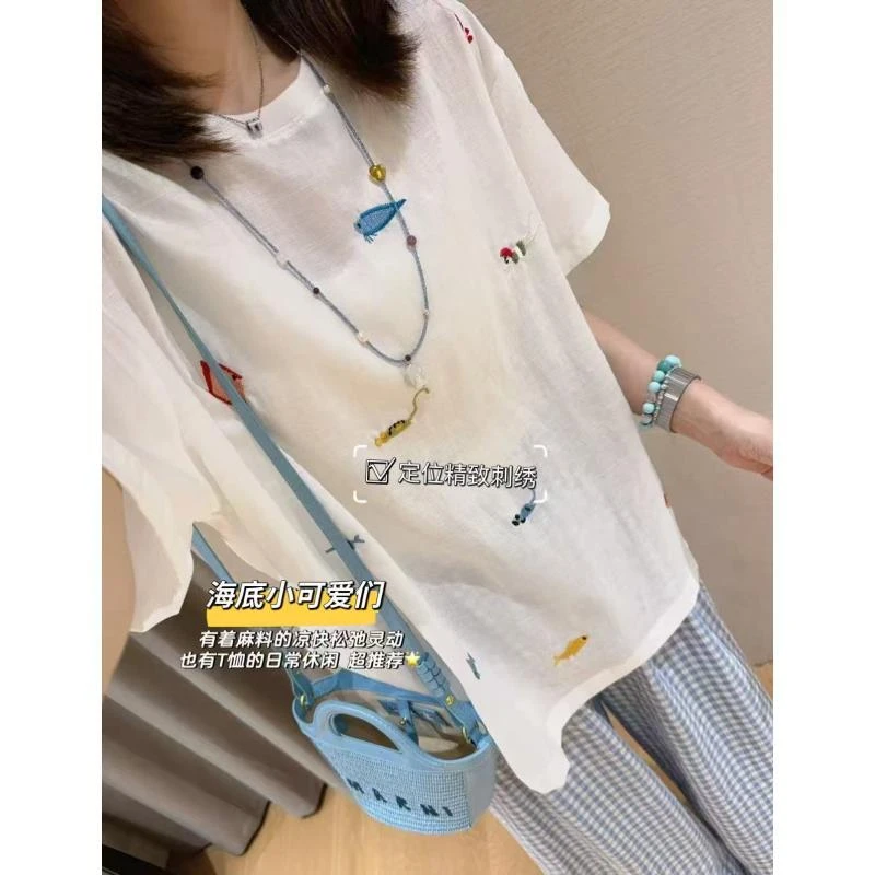 小雅姐姐  夏季减龄海底世界刺绣薄款休闲短袖T恤IV41