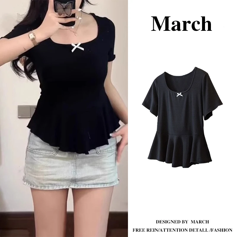 欧若风大码法式蝴蝶结u领正肩短袖t恤女2025夏季胖mm百搭上衣5412