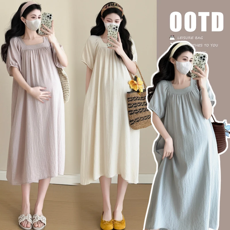 MIMI~孕妇装2025夏法式松弛感慵懒风棉麻清凉舒适显瘦孕妇连衣裙
