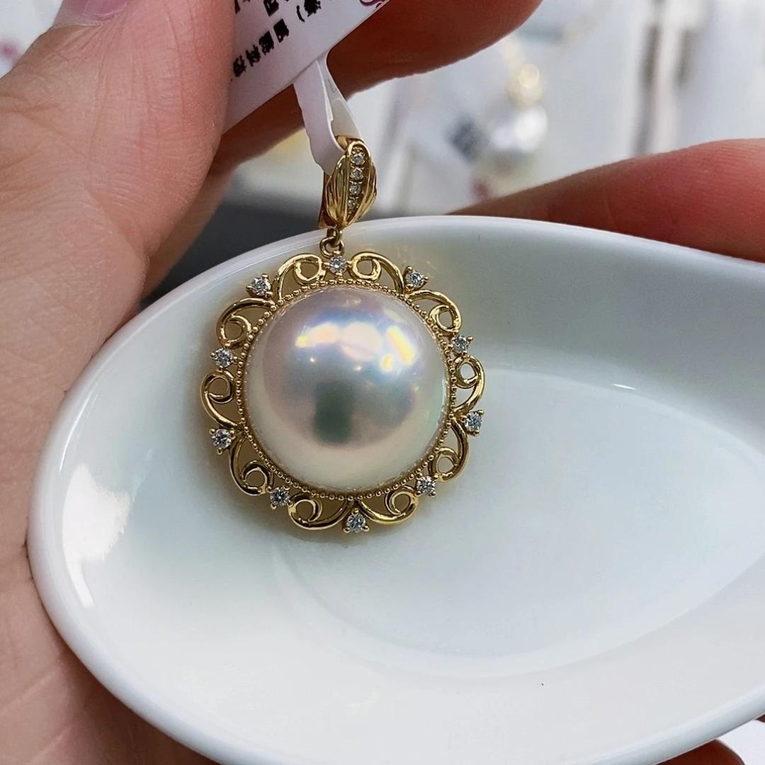 18K金镶嵌日本原单粉泡泡钻 石吊坠拼合珍珠（马贝珠）