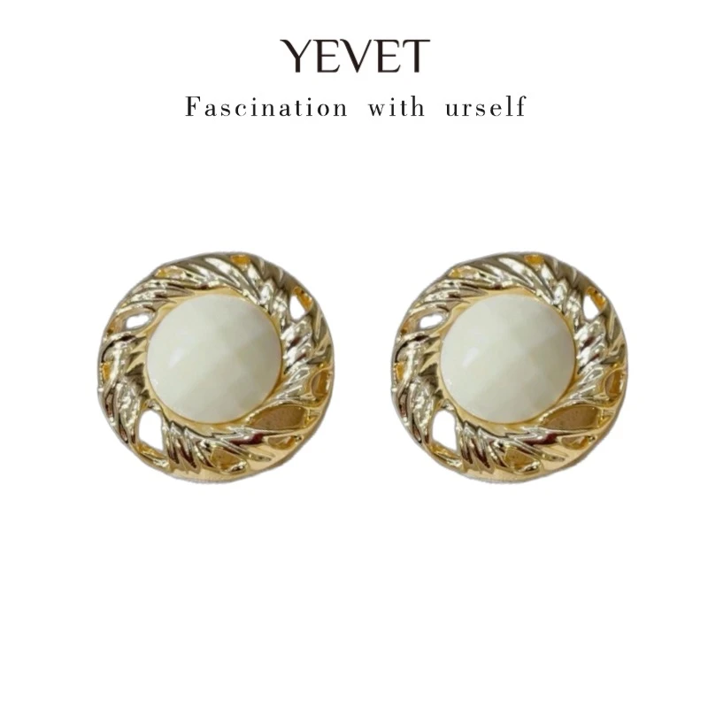 YEVET 铜合金仿珍珠耳饰 复古法式菱格镀金耳环百搭优雅素款经典