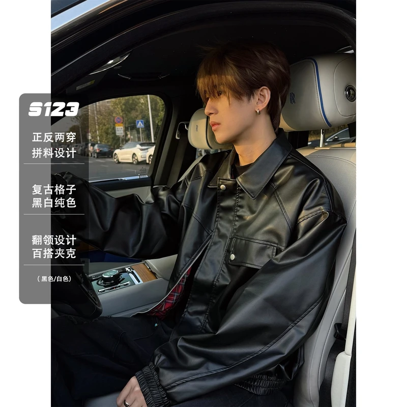 聪明陈春季新款正反两穿拼料夹克男复古百搭休闲撞色格子翻领外套