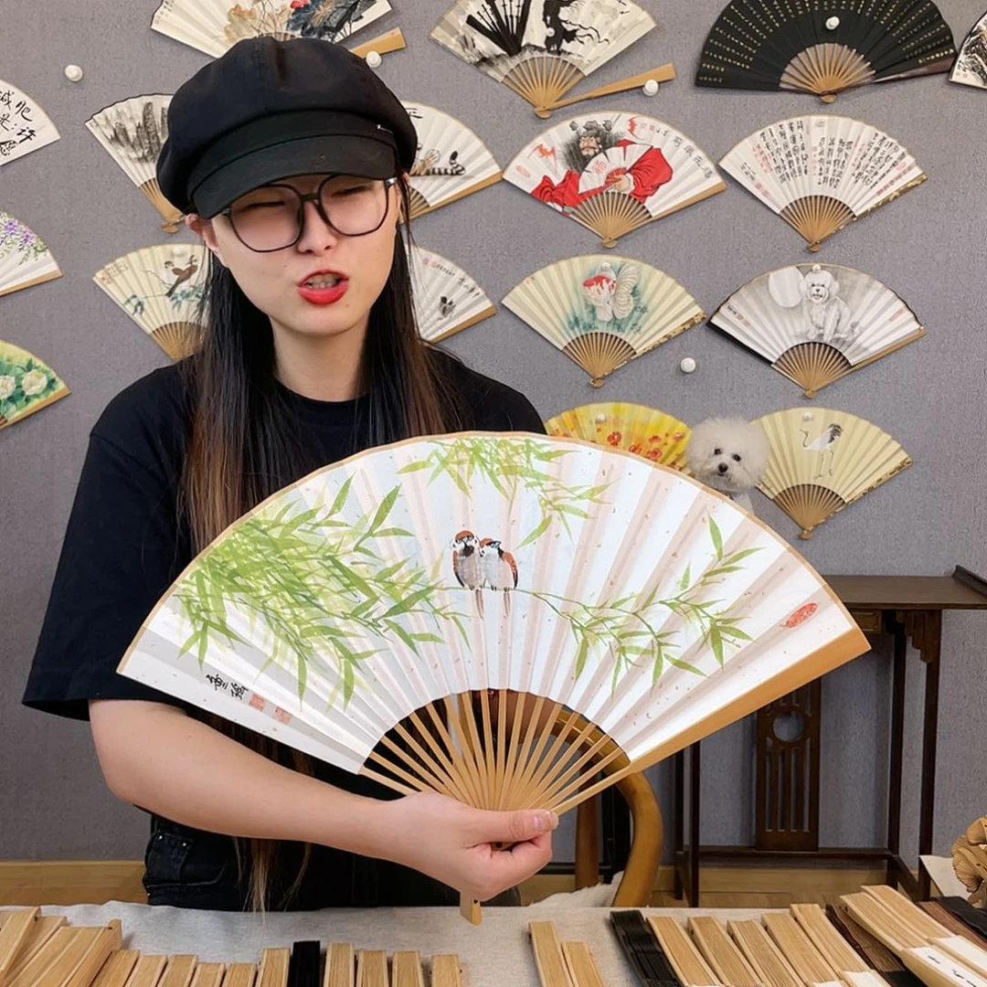 国画95寸玉竹-纯手绘-文玩扇骨（默认粘好）