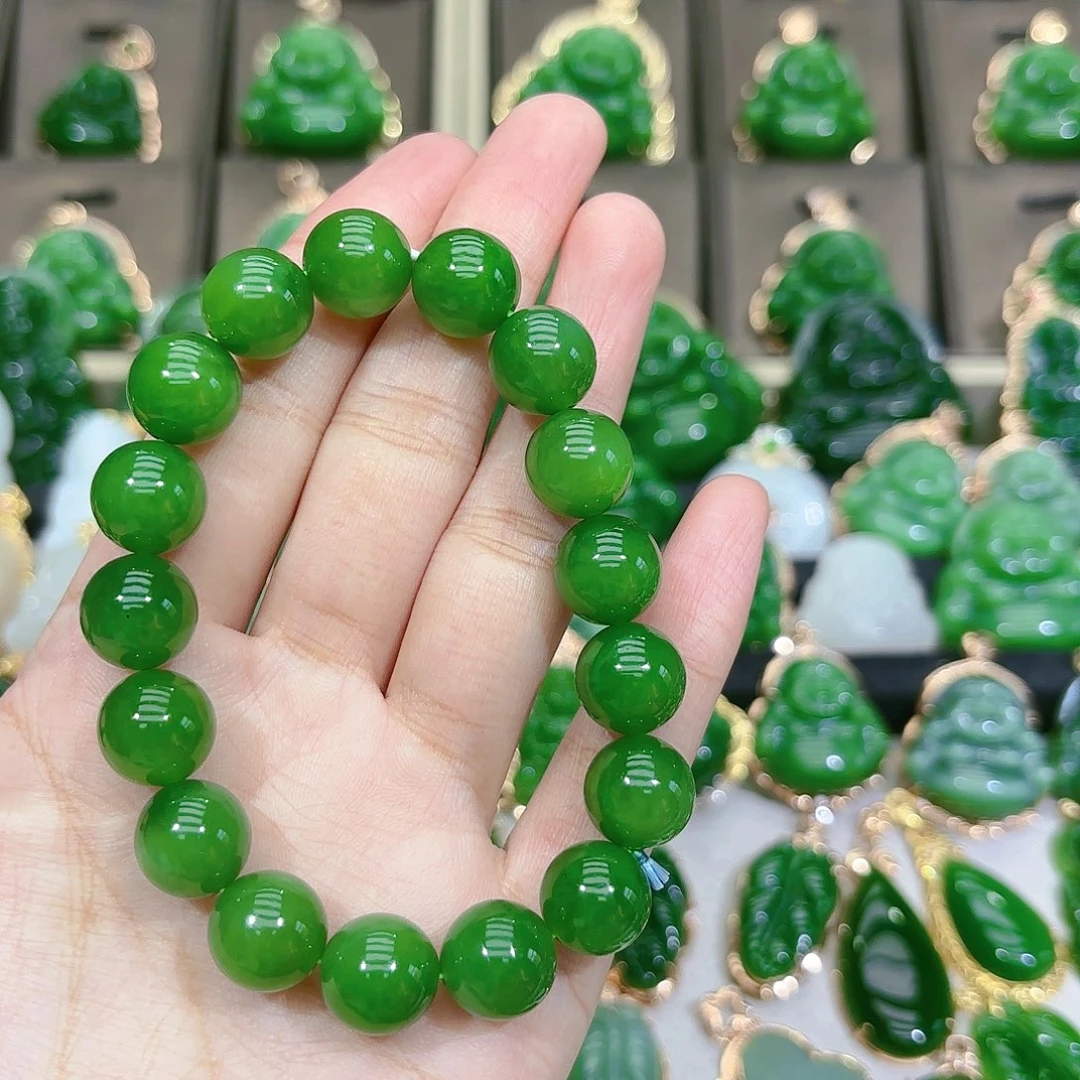 和田玉（碧玉）手串未镶嵌12m果阳绿单圈