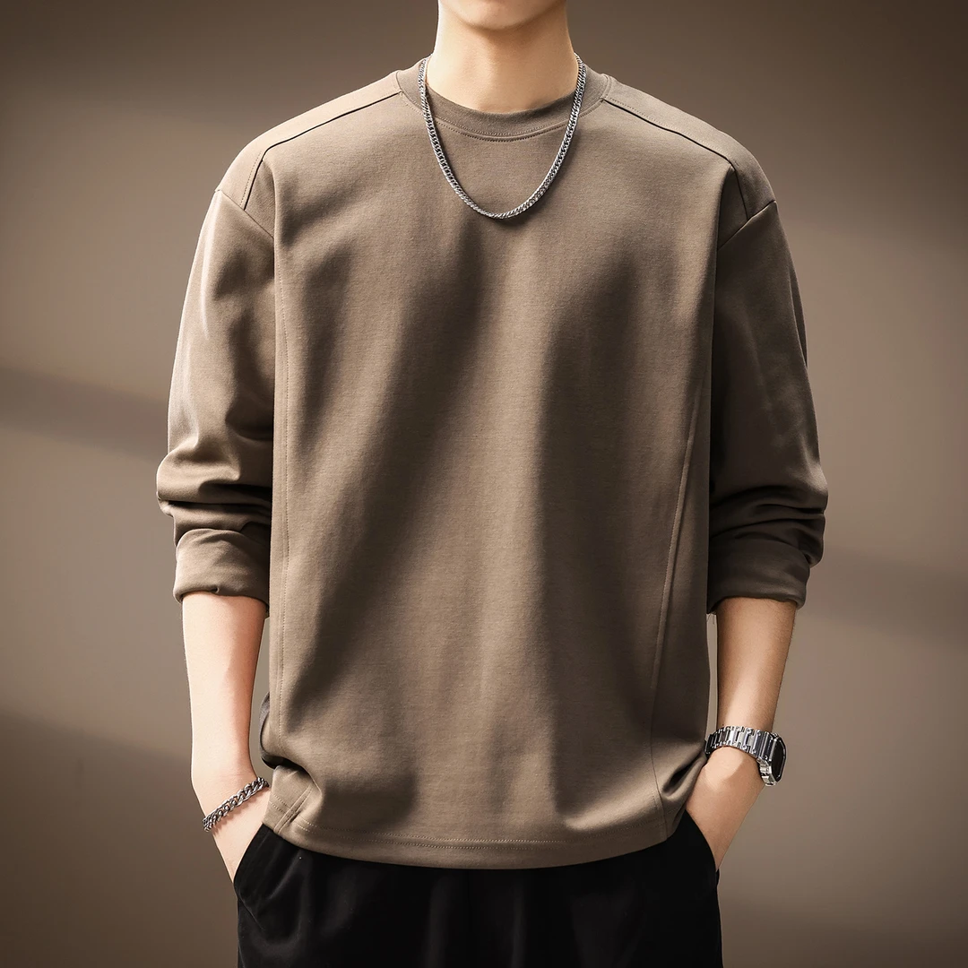 MR.MUDI/穆迪先生高端重磅纯色拼接长袖T恤男秋季宽松肌理感体恤
