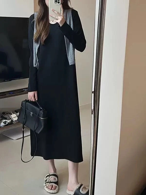 极简打底长裙子弹力通勤慵懒感宽松T恤裙连衣裙女 2663