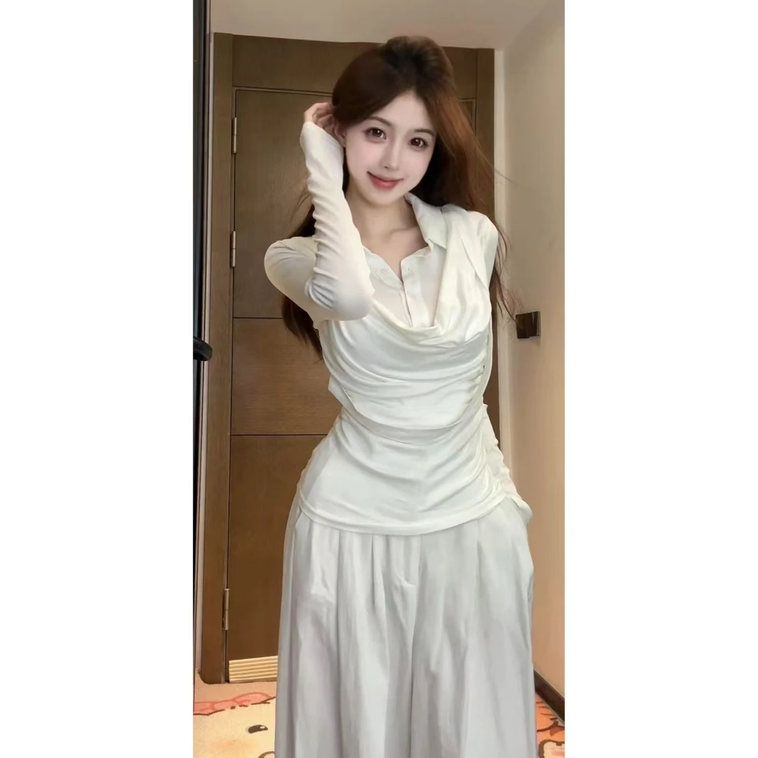 【XIAOBAWANG】设计感假两件拼接长袖衬衫小众气质收腰内搭上衣