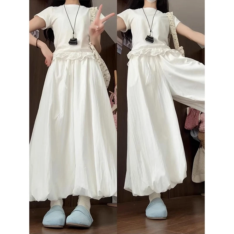 白色花苞裙裤女夏季2025新款宽松显瘦灯笼裤小个子垂感休闲阔腿裤