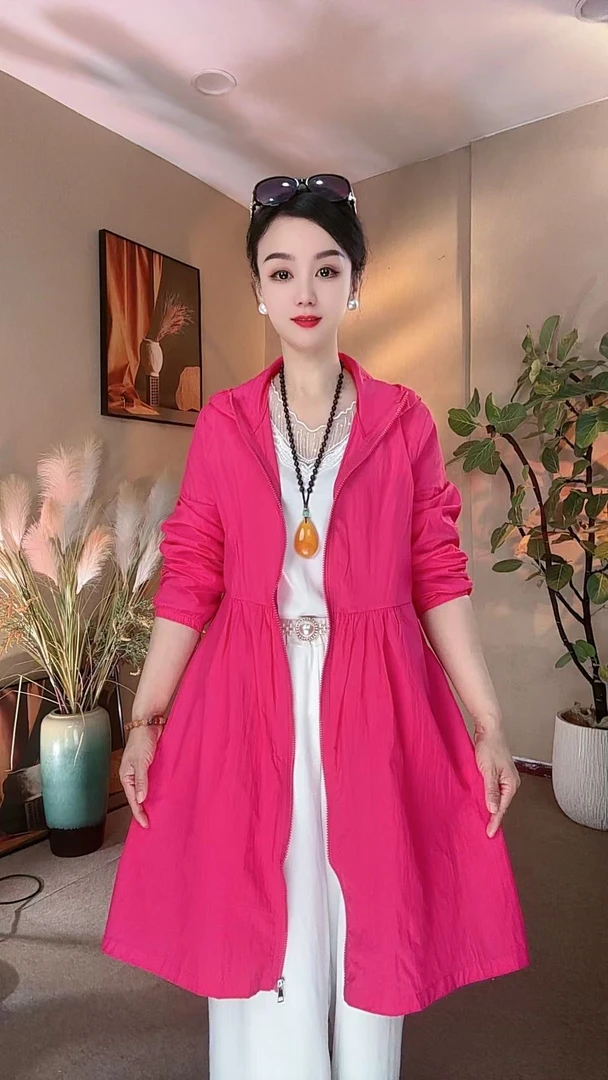 2025春季新品防晒衣中长款连帽宽松薄长袖大码防晒服外套送项链