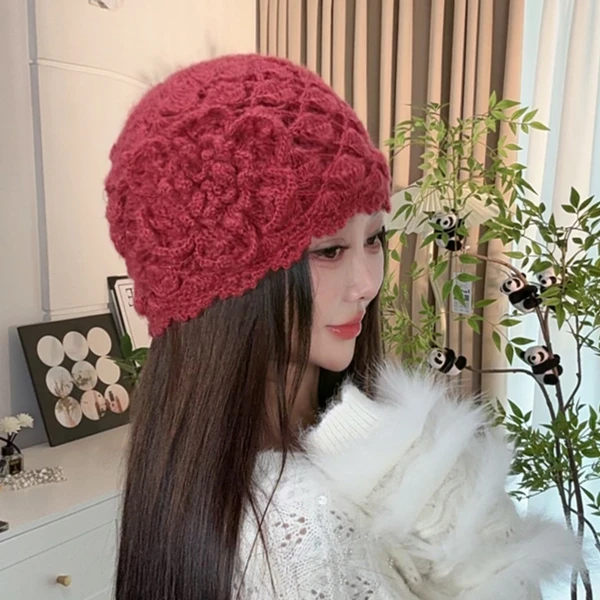 秋冬新款手工钩织六角花针织帽韩版毛线帽百搭包头帽复古保暖冷帽